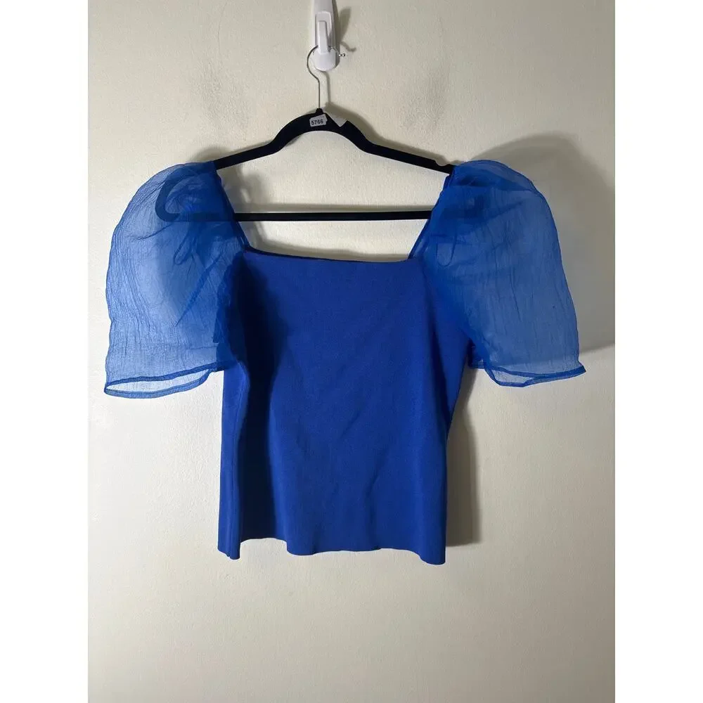 Endless Rose Cobalt Blue Mixed Media Puff Sleeve Top Sz L - Picture 1 of 2